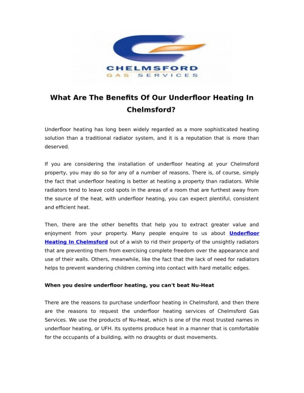 What Are The Benefits Of Our Underfloor Heating In Chelmsford?