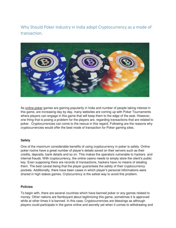 Why Should Poker Industry in India adopt Cryptocurrency as a mode of transaction.