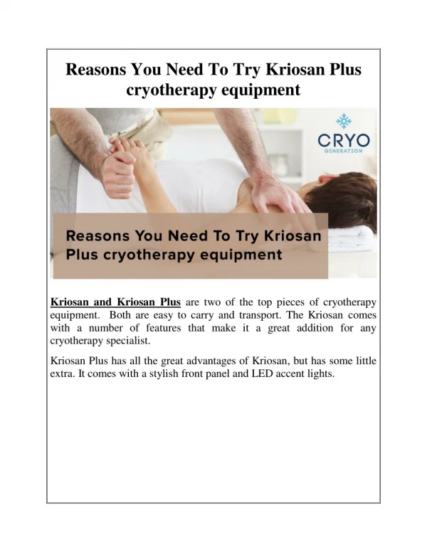 Reasons You Need To Try Kriosan Plus cryotherapy equipment