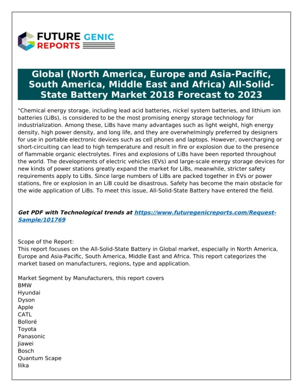 Global All-Solid-State Battery Market to Observe Strong Development by 2023