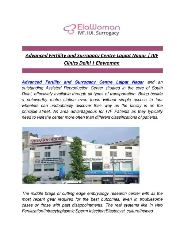 Advanced Fertility and Surrogacy Centre Lajpat Nagar | IVF Clinics Delhi | Elawoman