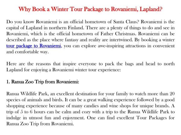 Why Book a Winter Tour Package to Rovaniemi, Lapland?