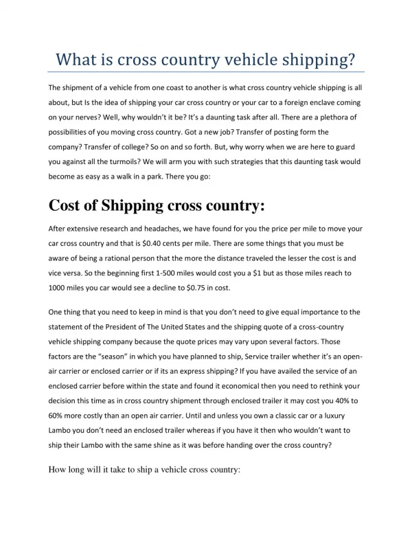 What is cross country vehicle shipping?