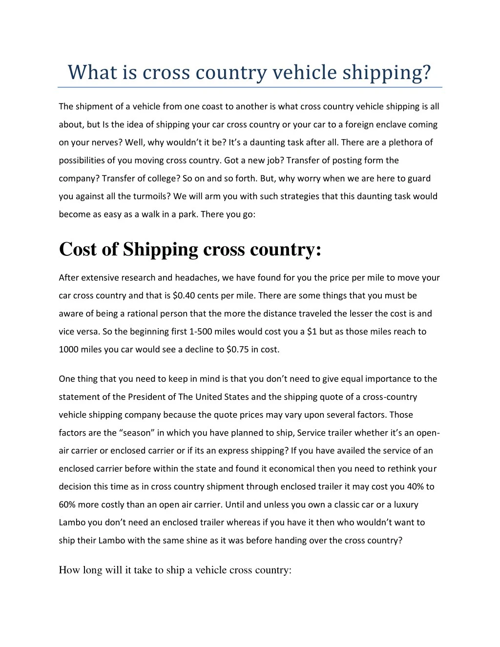 what is cross country vehicle shipping