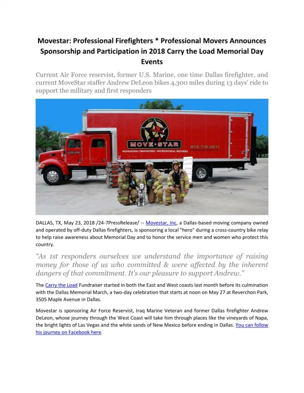 Movestar: Professional Firefighters * Professional Movers Announces Sponsorship and Participation in 2018 Carry the Load