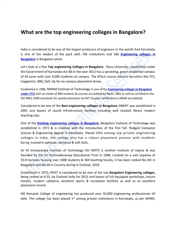 What are the top engineering colleges in Bangalore?