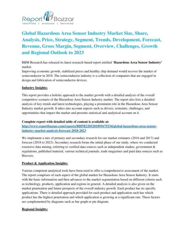 Hazardous Area Sensor Market 2018 – Industry Analysis, Size, Share, Strategies and Forecast to 2023