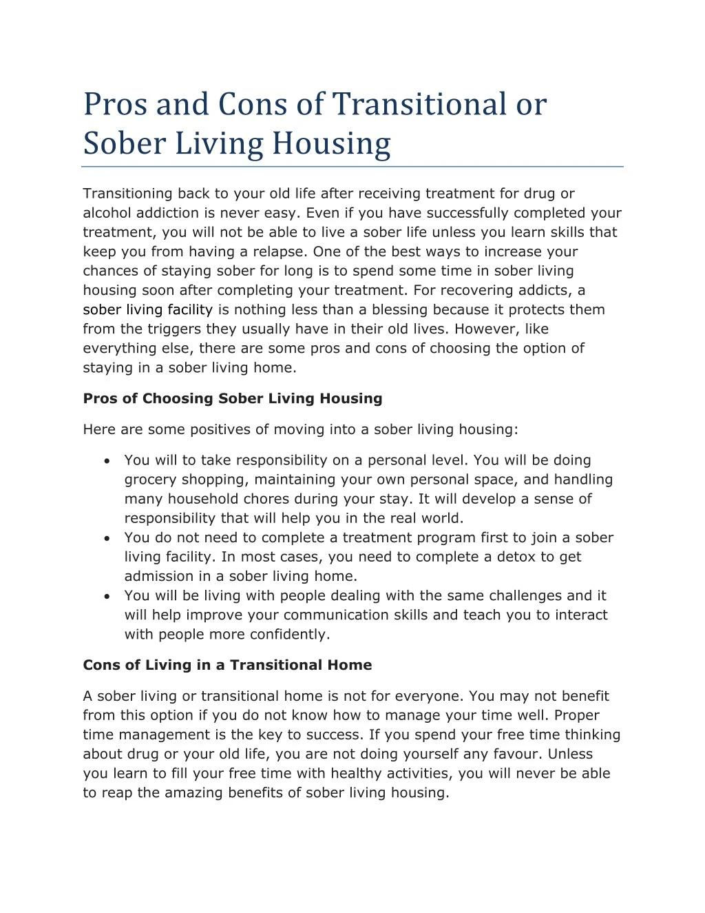 pros and cons of transitional or sober living