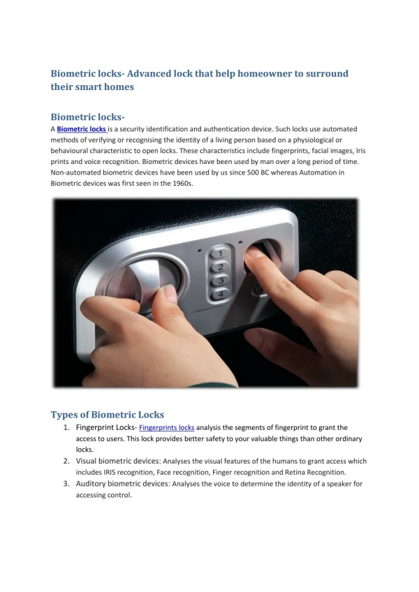 Biometric locks- Advanced lock that help homeowner to surround their smart homes