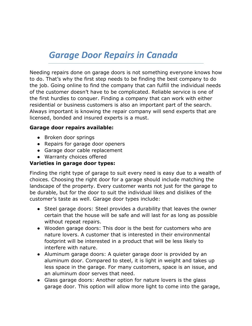 garage door repairs in canada