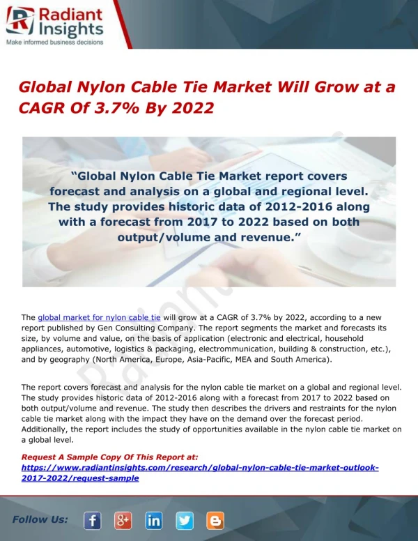 Global Nylon Cable Tie Market Will Grow at a CAGR Of 3.7% By 2022