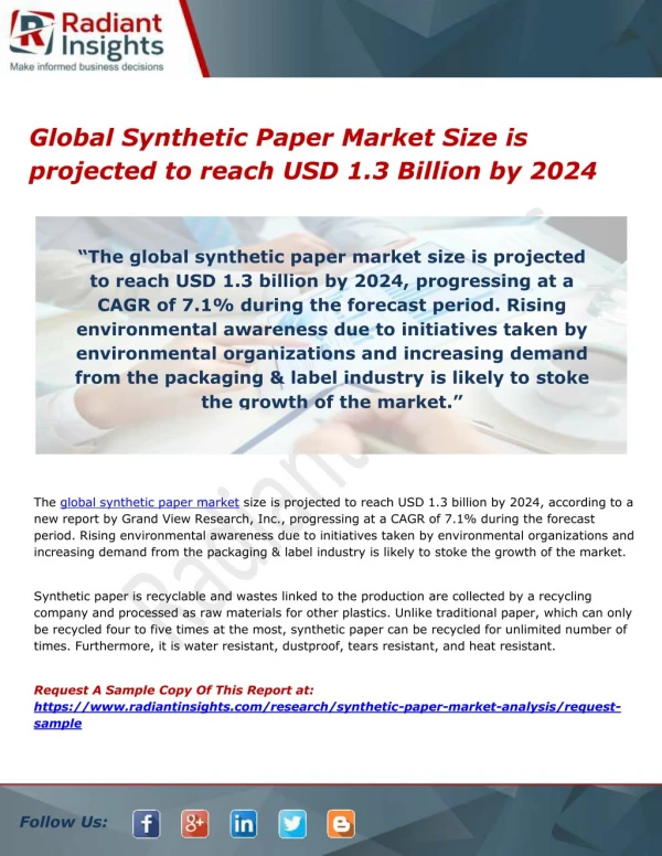 Global Synthetic Paper Market Size is projected to reach USD 1.3 Billion by 2024