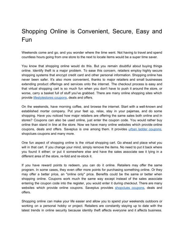 Shopping Online is Convenient, Secure, Easy and Fun
