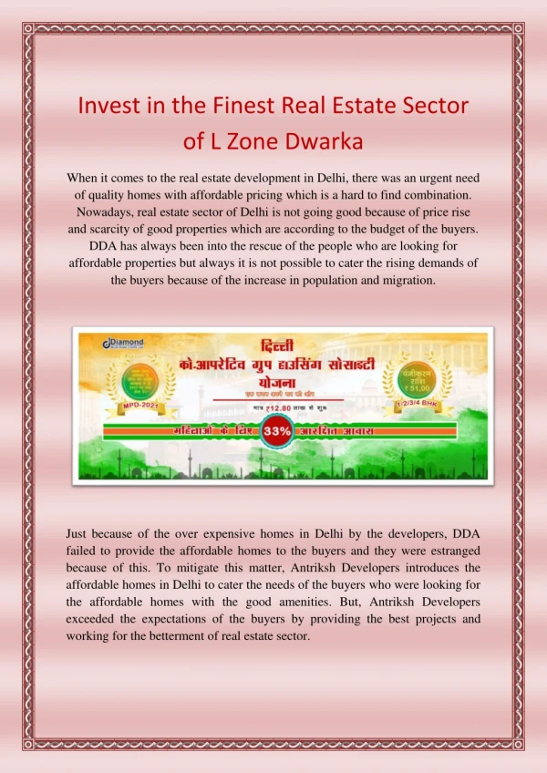 Invest in the Finest Real Estate Sector of L Zone Dwarka