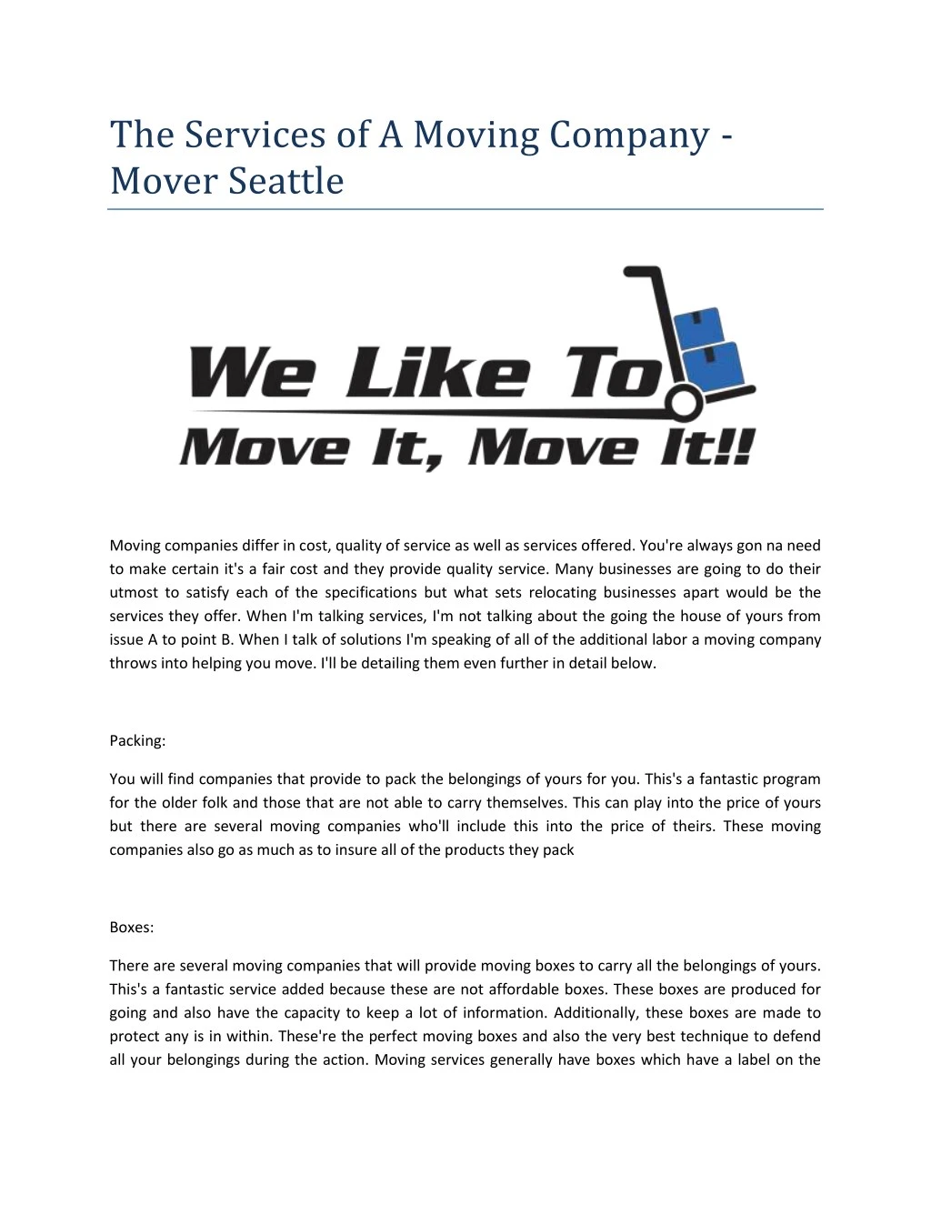 the services of a moving company mover seattle