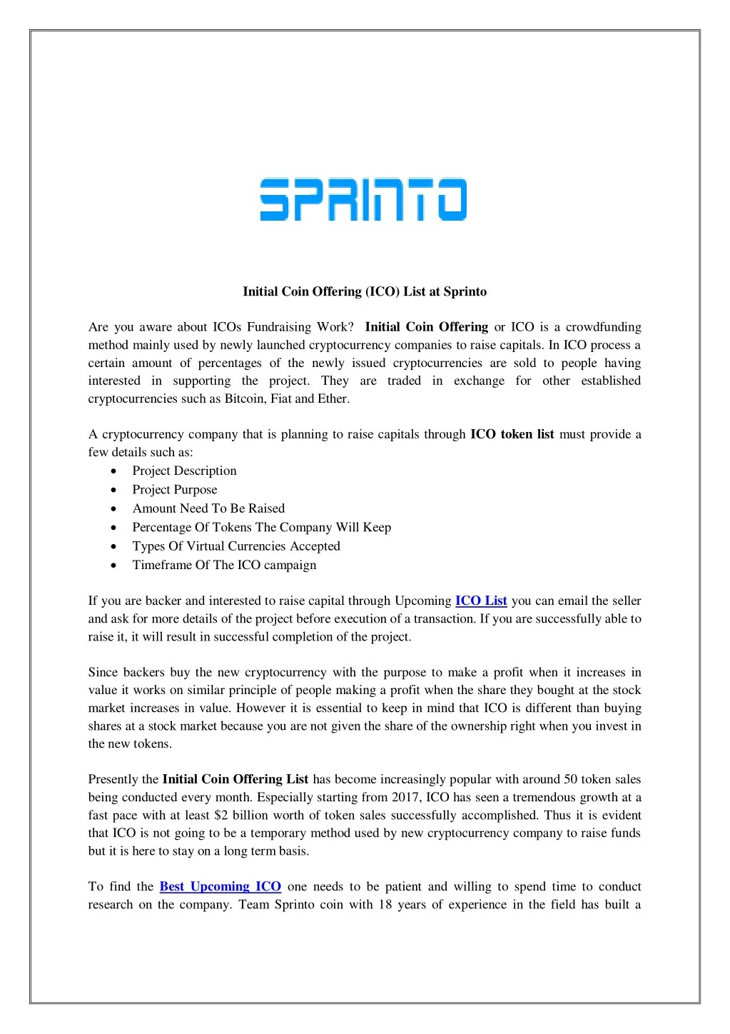 initial coin offering ico list at sprinto