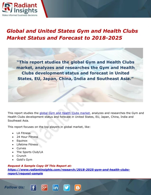 Global and United States Gym and Health Clubs Market Status and Forecast to 2018-2025