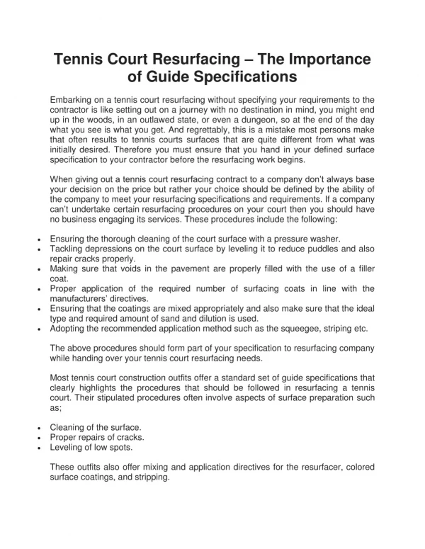 Tennis Court Resurfacing – The Importance of Guide Specifications