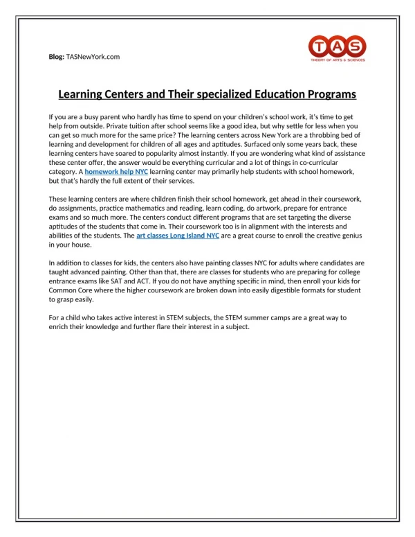 Learning Centers and Their specialized Education Programs - Theory of Arts & Sciences