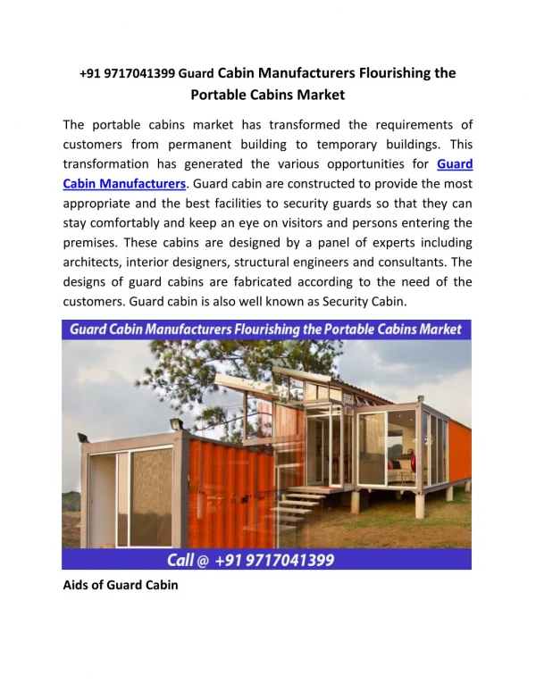91 9717041399 Guard Cabin Manufacturers Flourishing the Portable Cabins Market