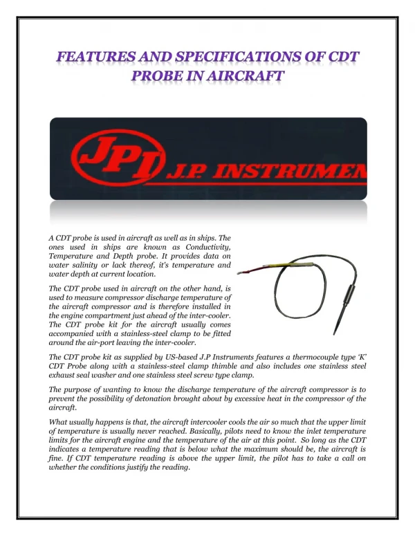 FEATURES AND SPECIFICATIONS OF CDT PROBE IN AIRCRAFT