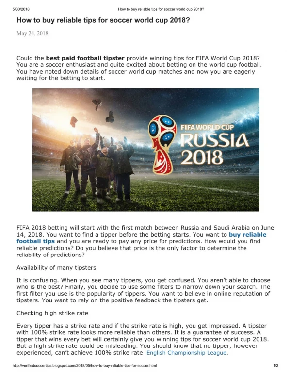 How to buy reliable tips for soccer world cup 2018?