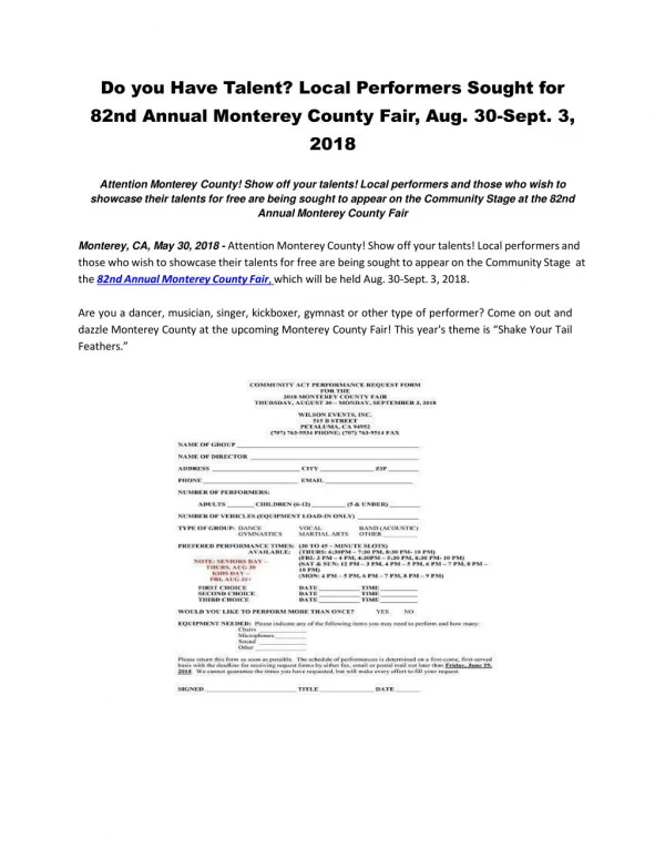 Do you Have Talent? Local Performers Sought for 82nd Annual Monterey County Fair, Aug. 30-Sept. 3, 2018