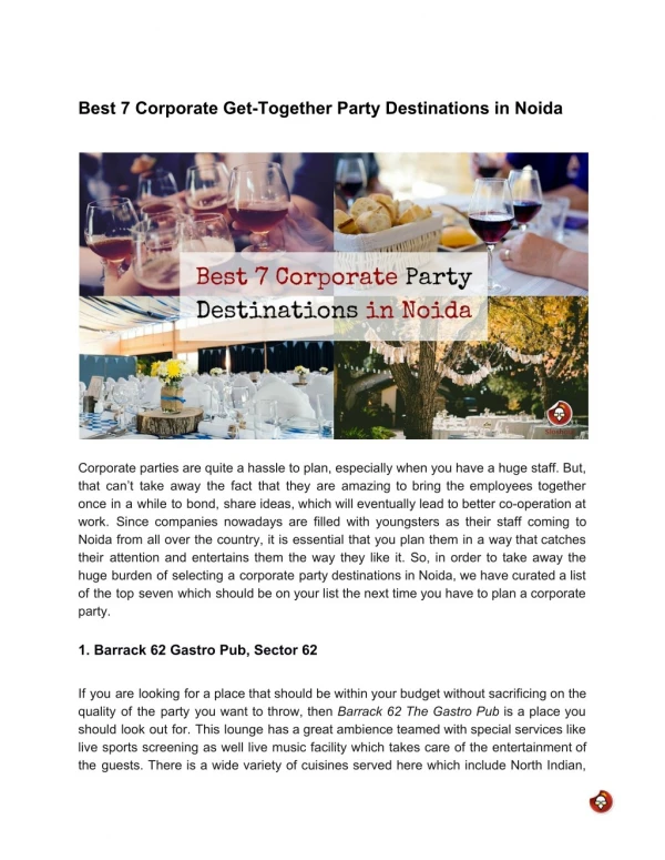 Best 7 Corporate Get-Together Party Destinations in Noida
