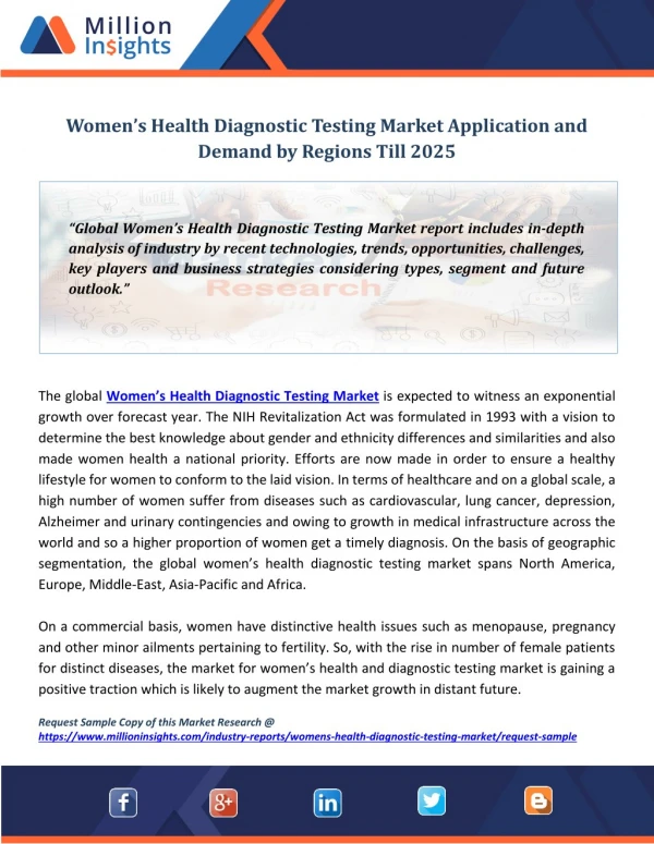 Women’s Health Diagnostic Testing Market Application and Demand by Regions Till 2025