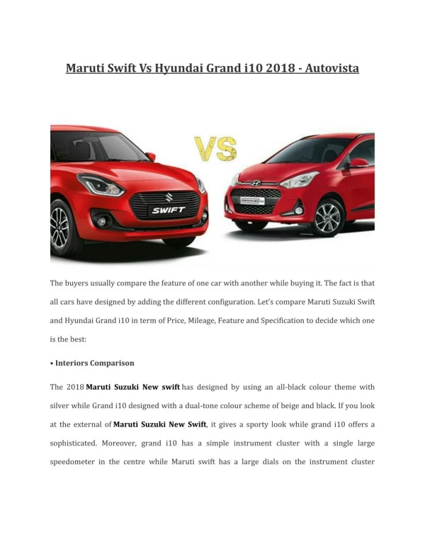 Maruti Swift Vs Hyundai Grand i10 2018