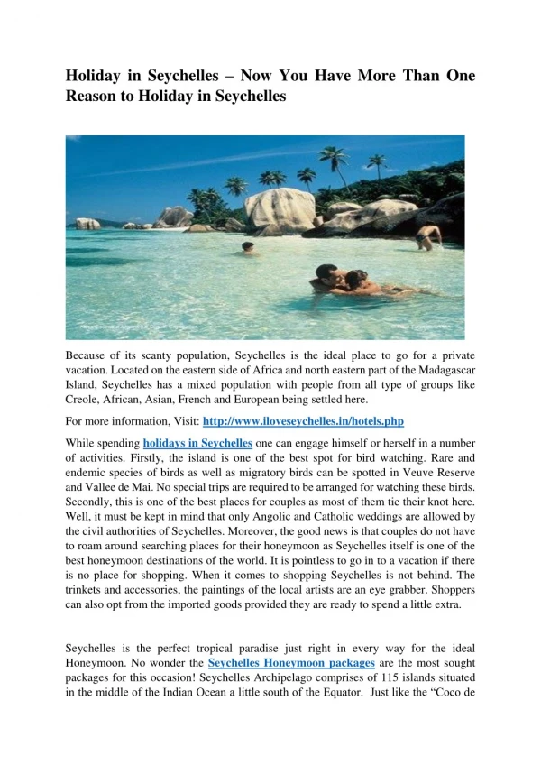 Holiday in Seychelles – Now You Have More Than One Reason to Holiday in Seychelles