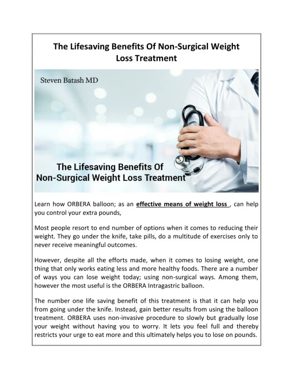The Lifesaving Benefits Of Non-Surgical Weight Loss Treatment