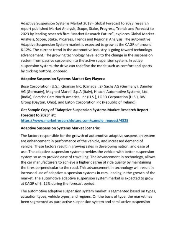 Adaptive Suspension Systems Market Global Forecast By Size, Share, Growth and Industry Analysis To 2023