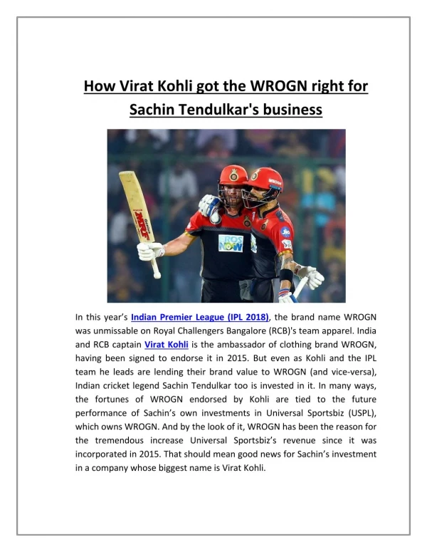 How Virat Kohli got the WROGN right for Sachin Tendulkar's business | Business Standard News