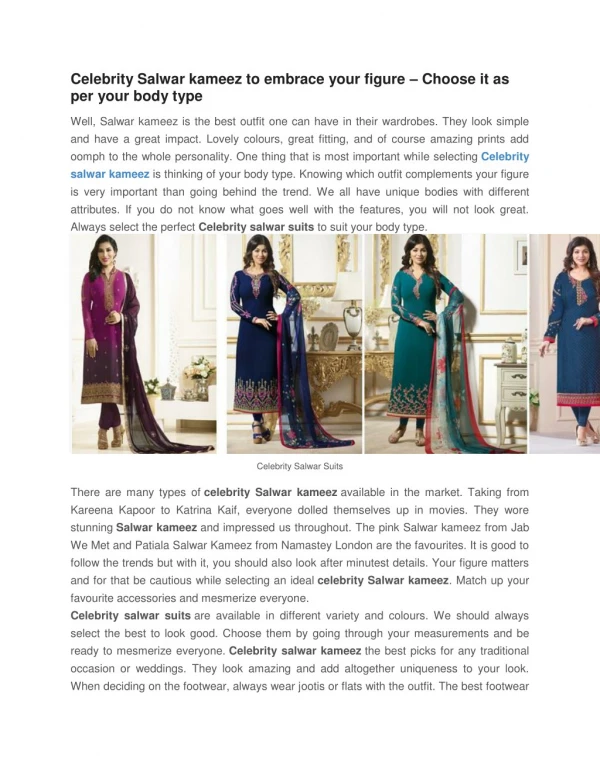 Celebrity Salwar kameez/Suits to embrace your figure - Choose it as per your body type