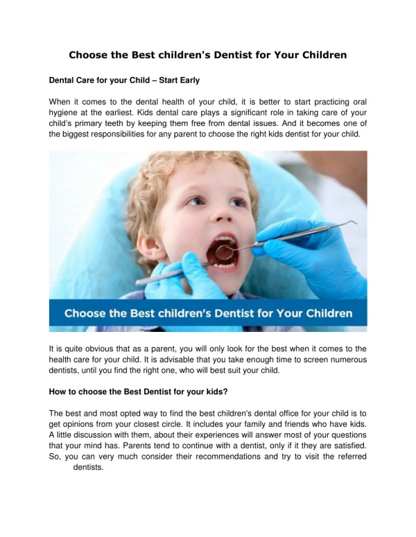 Choose the Best children's Dentist for Your Children