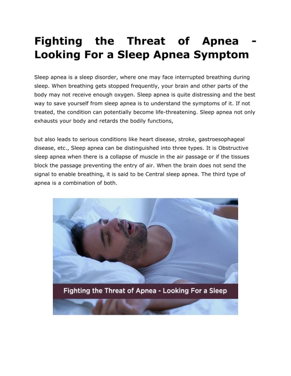 Fighting the Threat of Apnea - Looking For a Sleep Apnea Symptom