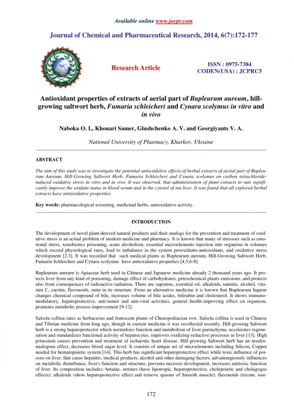 Antioxidant properties of extracts of aerial part of Bupleurum aureum, hillgrowing saltwort herb, Fumaria schleicheri an