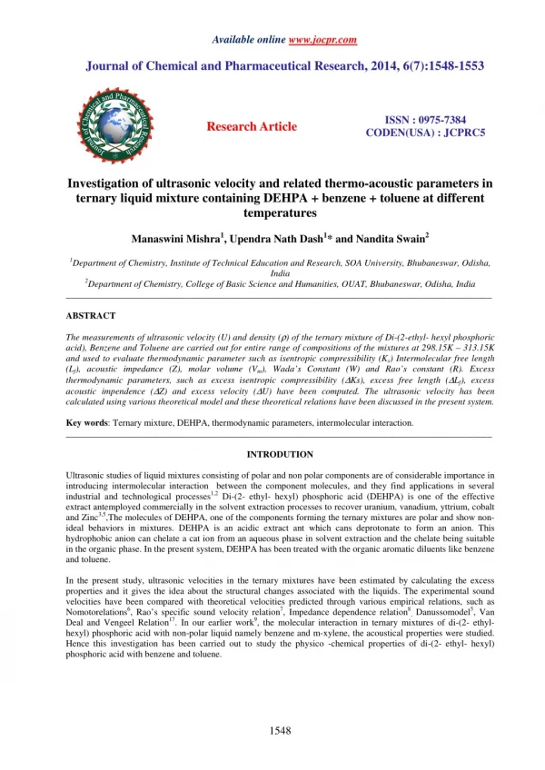 Investigation of ultrasonic velocity and related thermo-acoustic parameters in ternary liquid mixture containing DEHPA