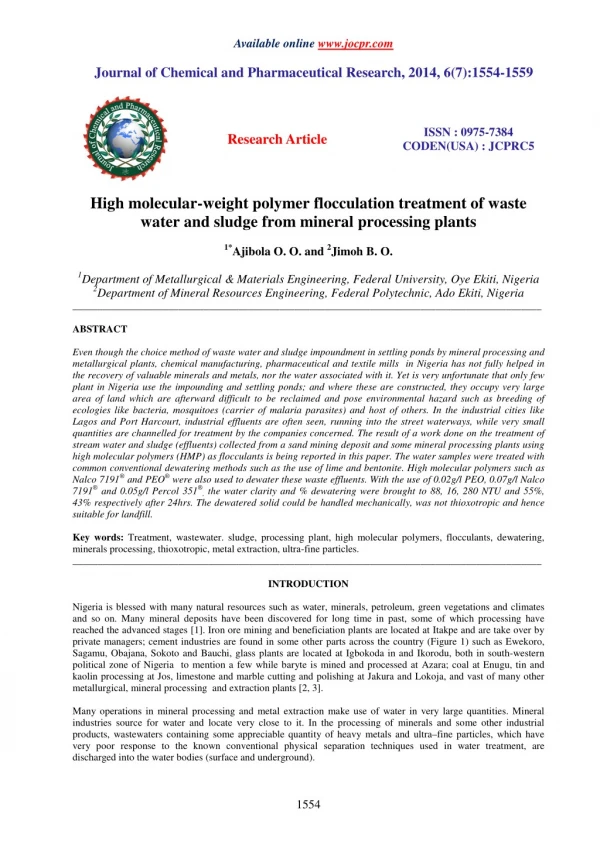 High molecular-weight polymer flocculation treatment of waste water and sludge from mineral processing plants