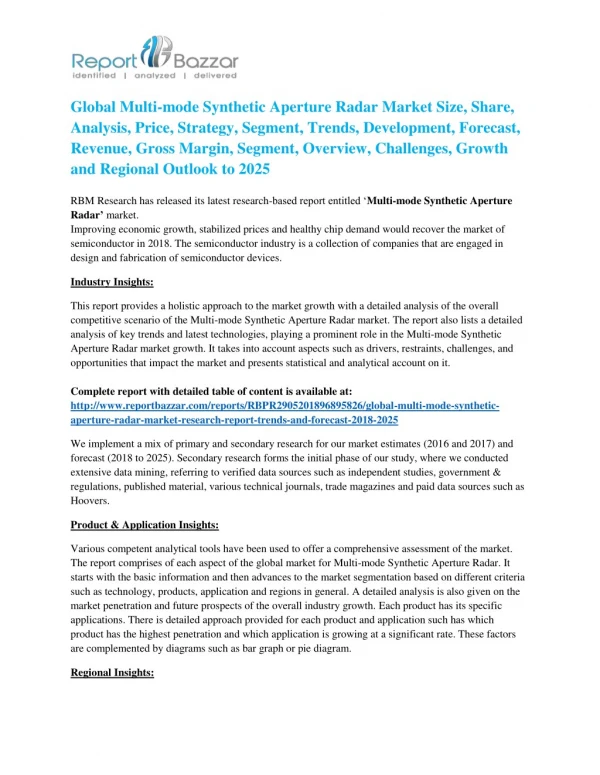 Global Multi-mode Synthetic Aperture Radar Market 2018: Size, Share, Analysis, Regional Outlook and Forecast-2025