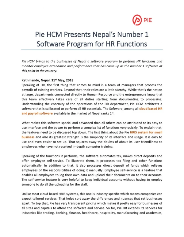 PIE HCM Presents Nepal’s Number 1 Software Program for HR Functions