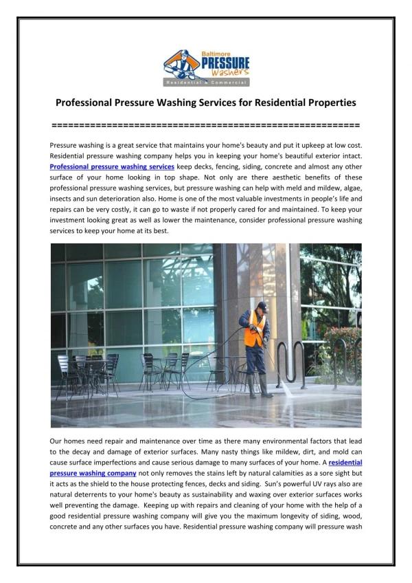 Professional Pressure Washing Services for Residential Properties