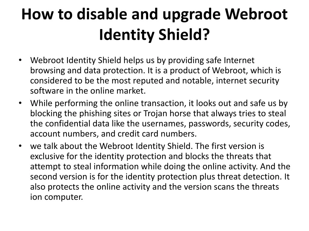 how to disable and upgrade webroot identity shield
