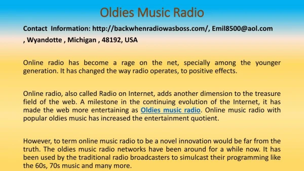 Radio Internet - Adding Another Dimension to Oldies Music Radio