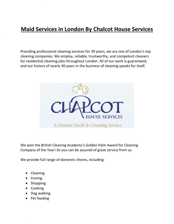 Maid Services in London By Chalcot House Services