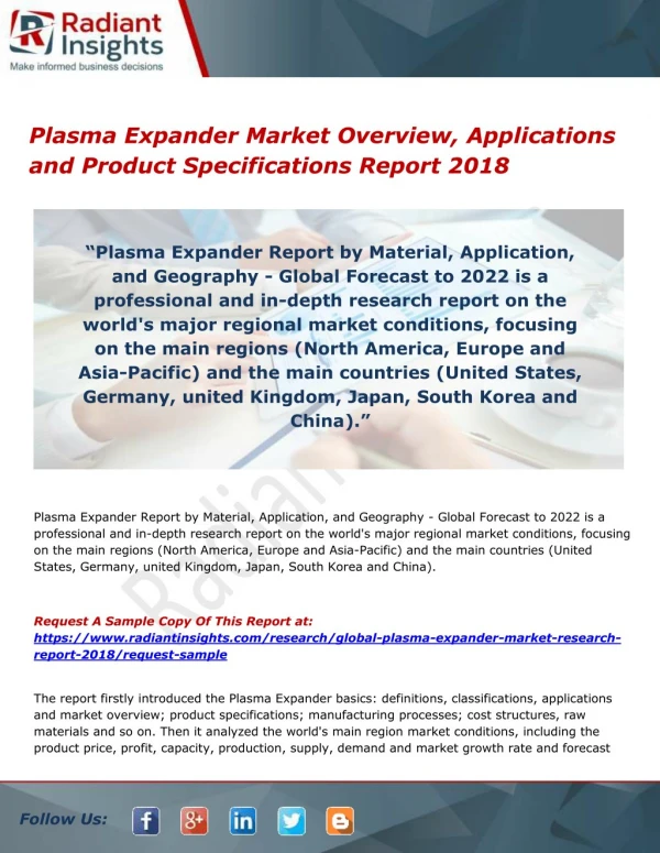Plasma Expander Market Overview, Applications and Product Specifications Report 2018