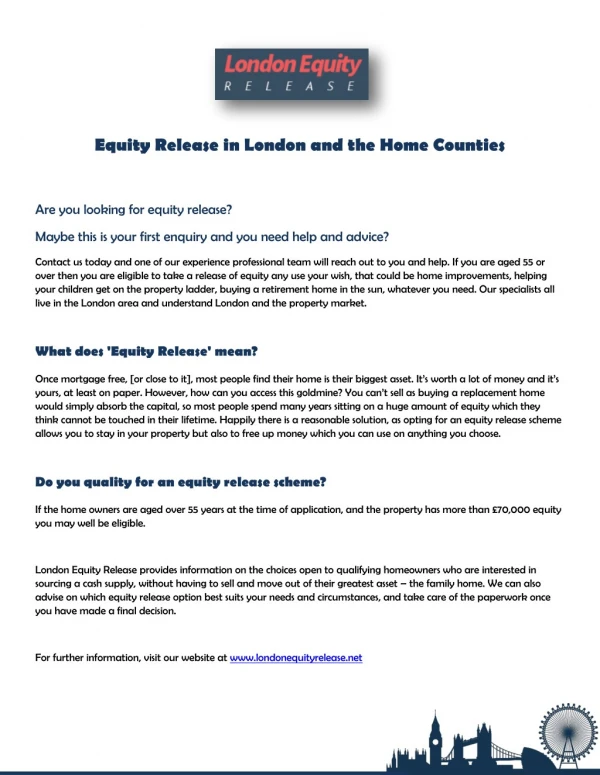 Equity Release in London and the home counties