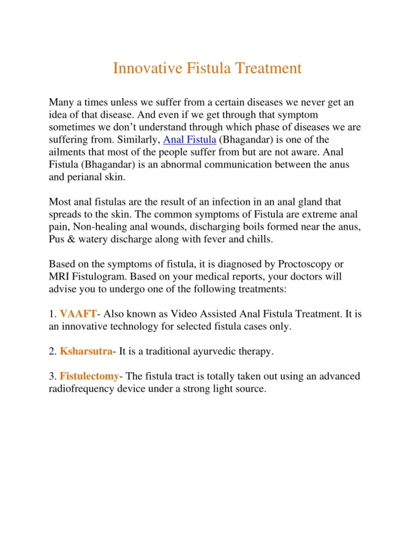 Innovative Fistula Treatment by Healing Hands Clinic