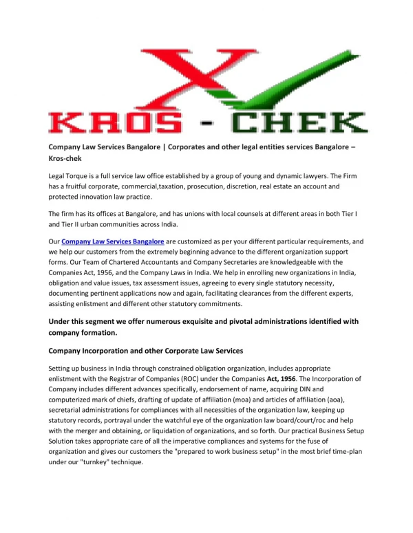 Company Law Services Bangalore | Corporates and other legal entities services Bangalore â€“ Kros-chek